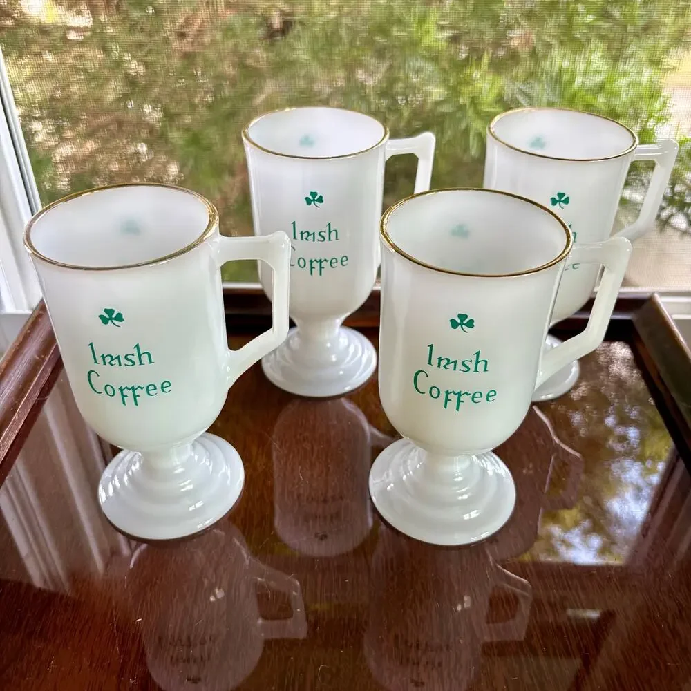 Vintage Irish Coffee Milk Glass Mugs Set of 4 Gold Rim, St. Patrick's Day